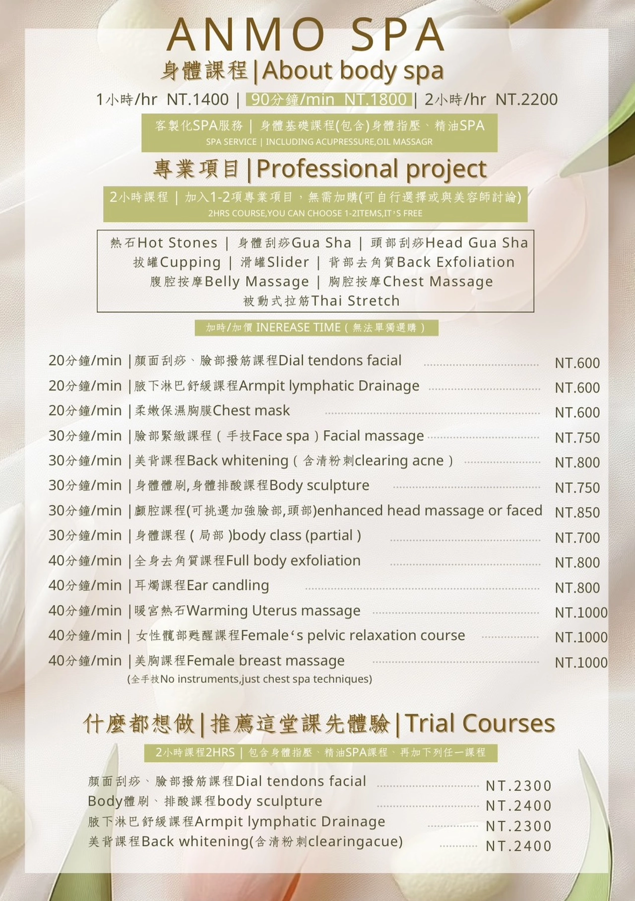 台中Anmo SPA 服務內容價目表